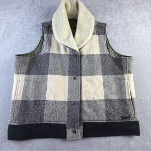Woolrich Womens Buffalo Plaid Wool Blend Sherpa Collar Quilted Vest Grey XL